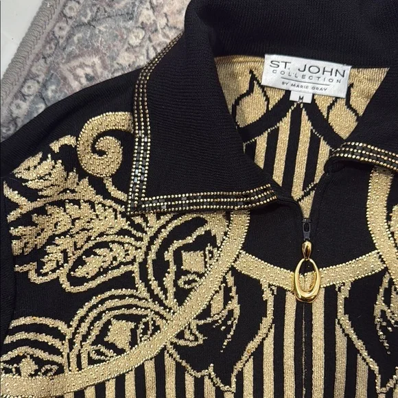 St. John by Marie Gray Black and Gold Embellished Rhinestone Patterned Sweater